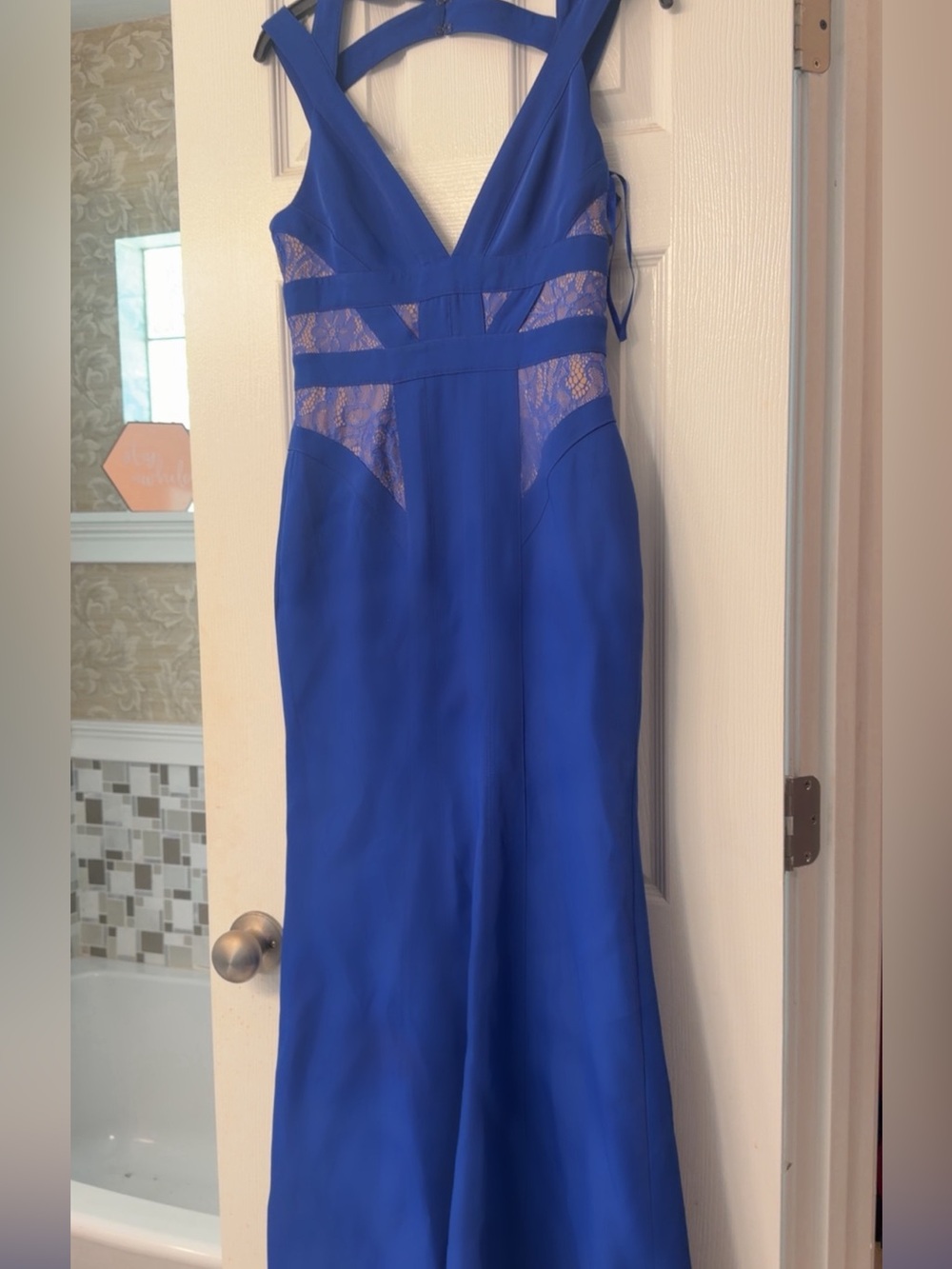 BCBGMaxAzria Cobalt Blue Lace-Insert V-Neck Gown